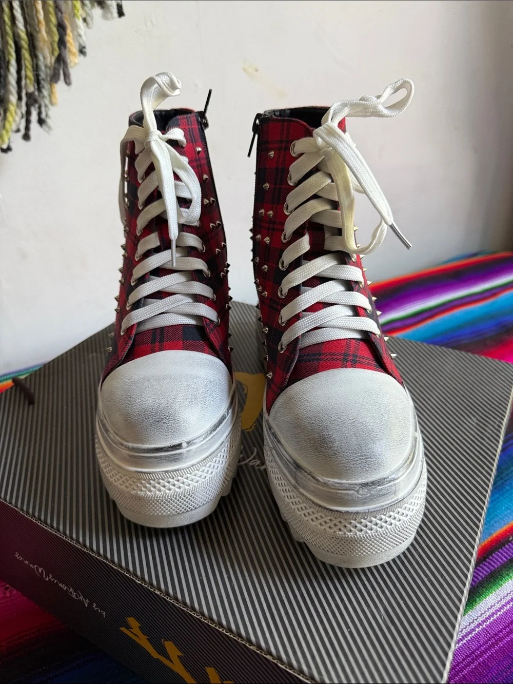 Red Plaid Studded Platform High-Top Sneakers with White Trim